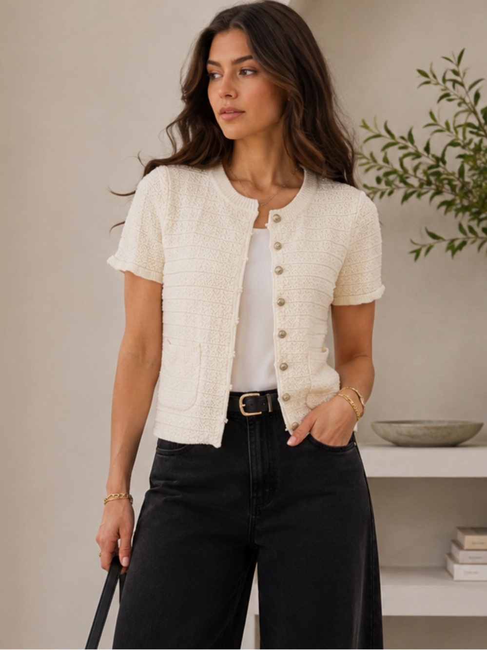 ShopEvelynne Cream Short-Sleeve Textured Knit Cardigan